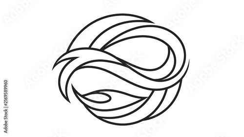 Abstract swirling ribbon logo on white background.