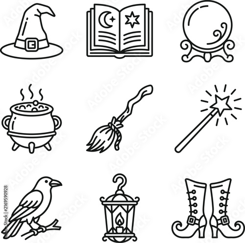 Фотография Set of black and white line art vector icons featuring magic, witchcraft, and wi