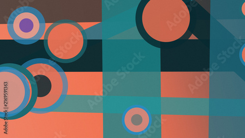 Bold coral circles and colored rings float across a dark teal geometric grid with layered panels, producing a lively contemporary backdrop for technology, entertainment, and advertising.