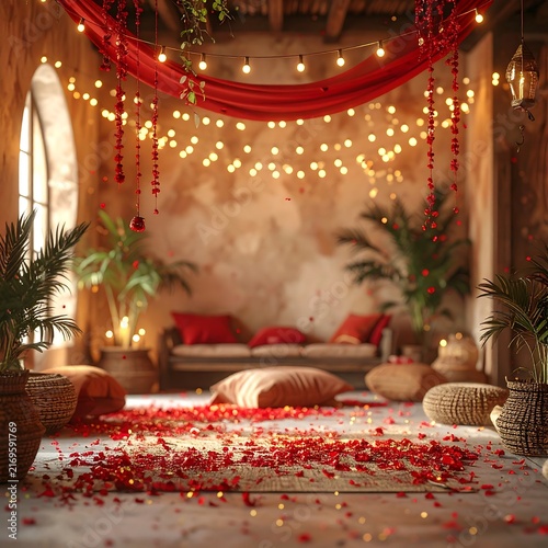 Romantic interior decorated with warm string lights and scattered red rose petals for Valentines Day.