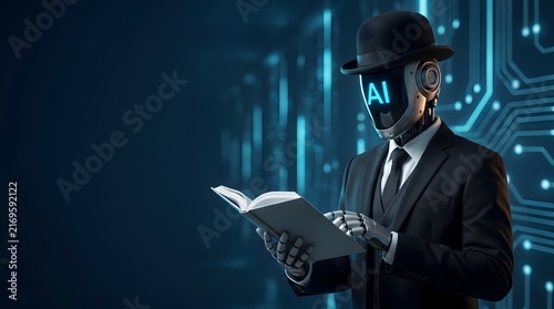 AI Robot in Suit and Bowler Hat Reading a Book with Digital Circuit Background