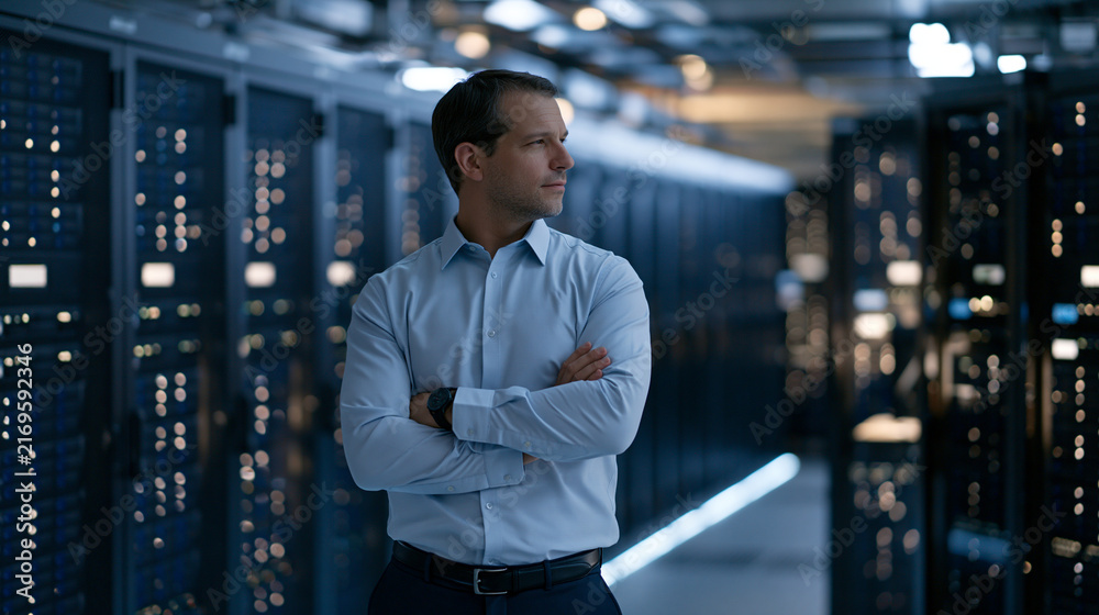 Fototapeta premium A database management specialist stands in a server farm under harsh midday sun pouring through a glass roof, genomic medicine personalized treatment billboards visible through