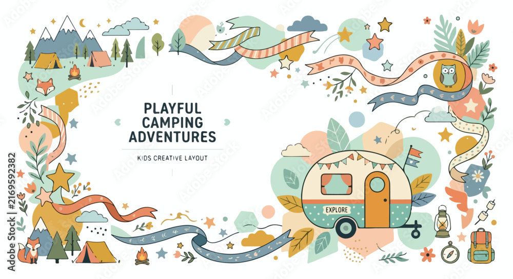 Fototapeta premium A playful camping-themed vector frame featuring cute illustrations of camper van, tents, foxes, and nature elements.