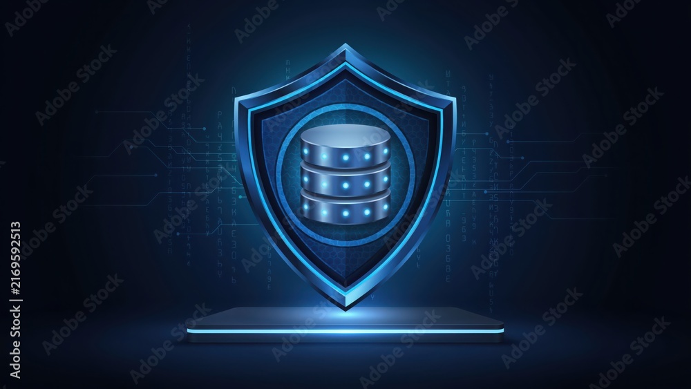 Fototapeta premium A glowing blue shield protecting a three-layered database server symbol, set against a dark digital background, with circuit lines