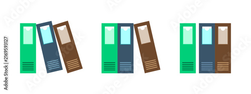 Set of three colorful binders arranged in a row on a white background. Three distinct binders, each a different color, are displayed side-by-side against a clean white backdrop