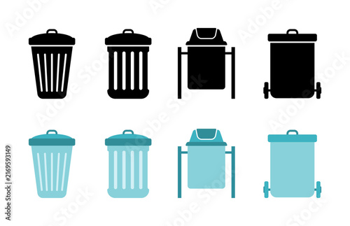 Collection of various trash can and bin icons in black and teal colors. A set of eight distinct icons representing different types of waste receptacles, including bins with lids and wheeled containers