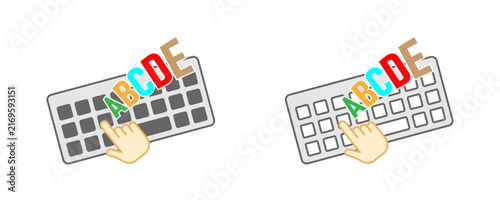 Hand pressing keys on a keyboard with colorful letters ABCDE. A cartoon hand is shown interacting with a keyboard, with colorful letters A, B, C, D, and E displayed prominently above the keys