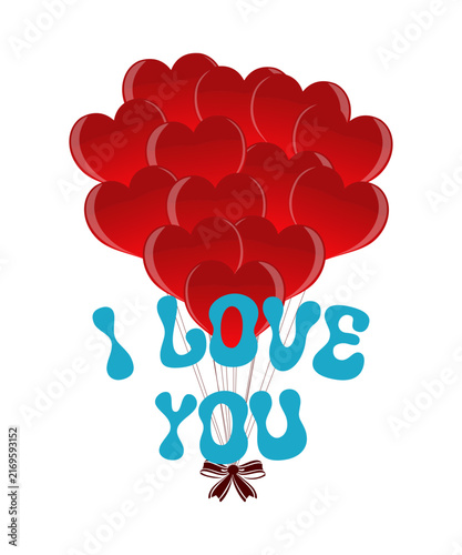 A vibrant illustration featuring a cluster of red heart-shaped balloons tied with strings to a decorative bow and the words 'I love you' in turquoise lettering