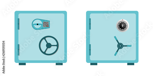 Modern flat design of two teal bank safes with digital and dial locks. Two teal colored safes are depicted in a flat illustration style, one with a digital keypad and the other with a rotary dial lock