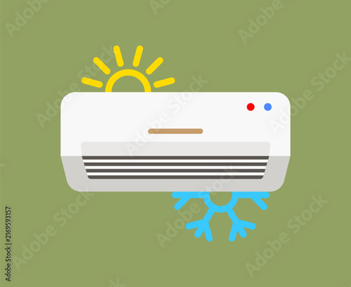 A minimalist illustration of a white split air conditioning system on a green background, symbolizing temperature control and climate
