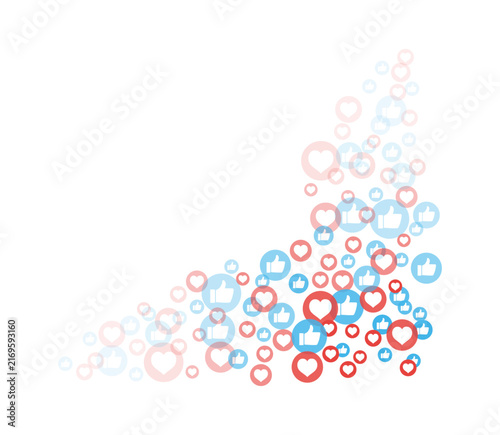 A dynamic cascade of red hearts and blue thumbs-up icons drifts upwards, symbolizing online interaction and approval in digital content