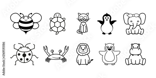 Set of cute cartoon animals for children's illustrations and designs. A collection of simple, charming line art drawings of various animals, perfect for educational materials and creative projects