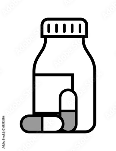 Simple outline icon of a medicine bottle with two capsules in front. A minimalist vector graphic depicting a pharmaceutical container alongside two pill capsules, symbolizing healthcare and medication