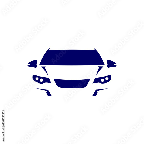 A flat vector logo and icon depicting the front view silhouette of a modern car, featuring headlights, windshield, side mirrors, and grille elements in dark blue against a solid white background.
