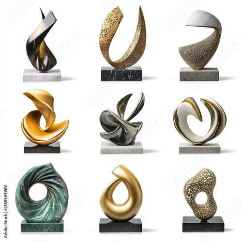 Collection of unique contemporary abstract sculptures on white background with abstract sculpture contemporary art modern sculpture artistic statue