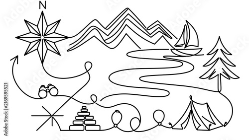 Adventure travel icons set on white background.