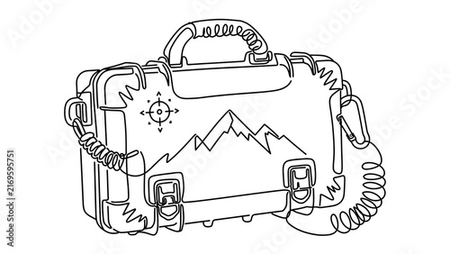 Adventure travel suitcase illustration white background.