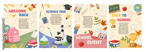 Back to school welcome posters set with books, school supplies. Education banner collection for students, print, flyer, website, cards. Vector hand drawn cartoon illustration for your design