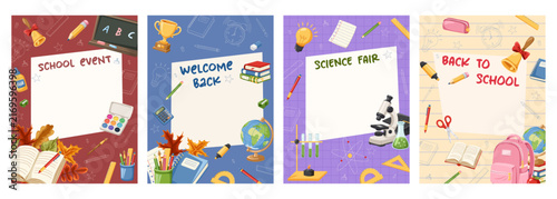 Back to school poster set with books, stationery and education supplies. Vector hand drawn banner illustration for classroom decoration, admission, websites, social media, print and card design