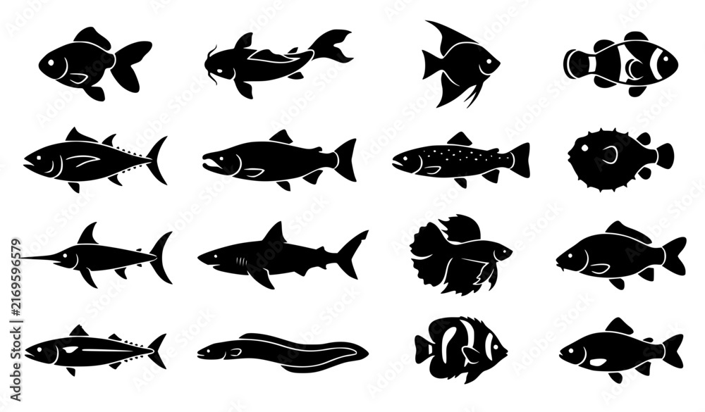 Obraz premium Fish Icon Vector Collection in Bold Glyph Style with Tropical Freshwater Seafood and Marine Fish Silhouettes