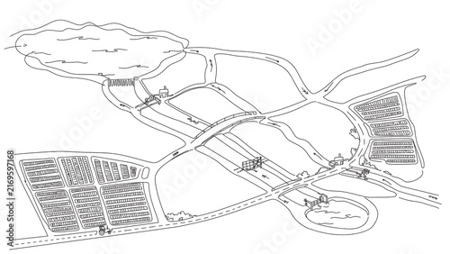 Aerial map sketch on white background.