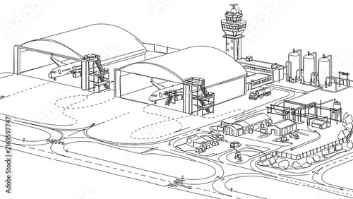 Aerial view of airport terminal white background.