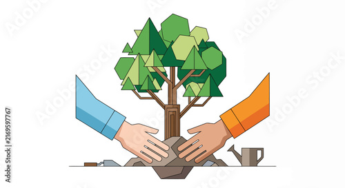 Bild auf Leinwand People hands planting young tree in garden soil to represent growth sustainabili