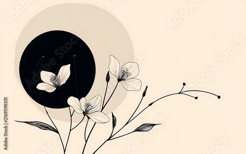 Floral illustration with white flowers and dark circle on beige background