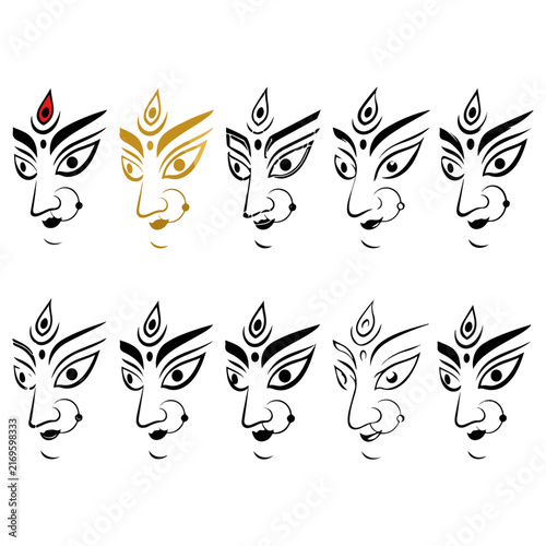 Goddess Durga Face Line Art Vector Set - Traditional Durga Puja Eyes and Face Illustration Pack