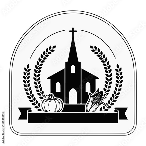 Vintage Church Emblem Vector Illustration - Harvest Thanksgiving Church Badge with Wheat and Pumpkin logo 