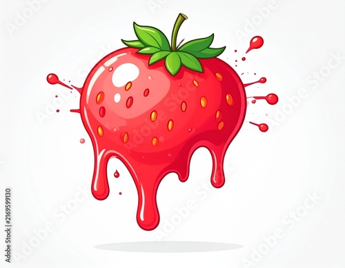 Cute Melting Strawberry Illustration with Dripping Juice on White Background