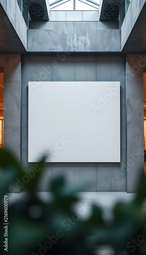 White blank horzontal poster frame, empty banner advertisement on a grey concrete wall inside the building, space for your text closeup Corporate business interior rectangle picture advert copy spac