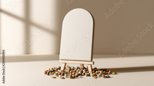 Blank arched milestone sign mockup on wooden easel with colorful beads, warm minimalist classroom template with copy space