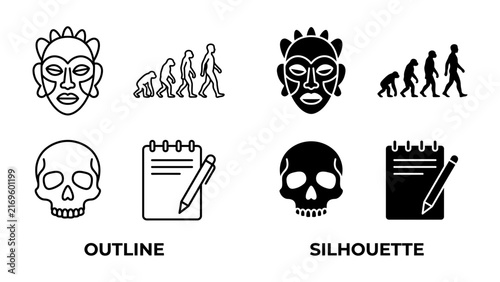 Evolution and Humanity Icons: A set of graphic icons depicting human evolution, ancient masks, skulls, and notebooks, presented in both outline and silhouette styles.