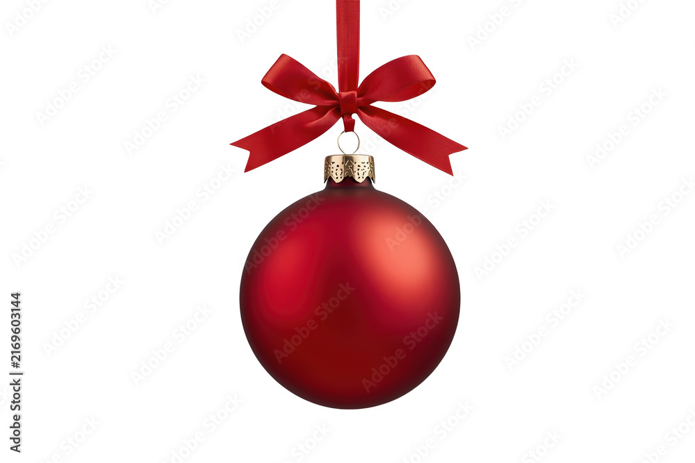 Naklejka premium Glossy red Christmas ornament ball hanging from red bow