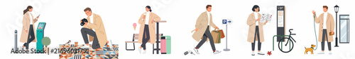 Collection of flat vector illustrations depicting people engaged in various activities in a city, such as traveling, shopping, and photography.