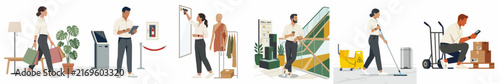 Diverse collection of retail and mall activities including shopping, security, cleaning, and logistics, presented in a clean flat vector illustration style.