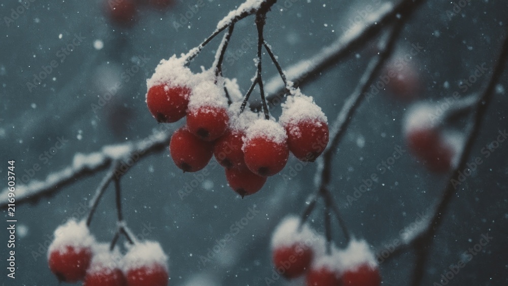 Fototapeta premium Snowy red berries winter wallpaper