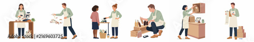 Flat illustration set of diverse small business employees working in retail, logistics, and customer service roles within a shop or warehouse environment.