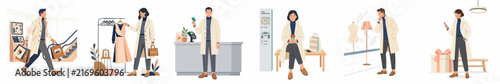 Collection of flat vector illustrations showing stylish characters shopping, browsing fashion boutiques, and using mobile devices in a modern retail environment.