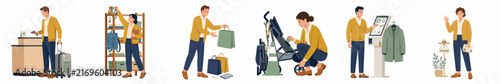 Flat Vector Illustration Set of People Engaged in Various Shopping and Retail Activities Including Checkout, Browsing Shelves, and Using Self-Service Terminals.