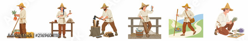 Collection of medieval peasant character illustrations engaged in various rural activities like farming, chopping wood, and selling goods at a market.