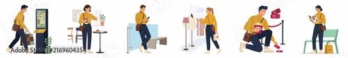 Flat vector illustrations depicting people in various public scenarios including shopping, using digital kiosks, waiting in cafes, and visiting the cinema.