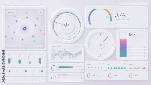 Fototapeta Neumorphic abstract analytics dashboard with circular dials, spectral graphs, vector controls and colorful data visualization