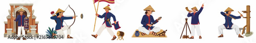 Set of historical Thai warrior characters performing various duties like guarding, archery, playing music, and training on a white background.