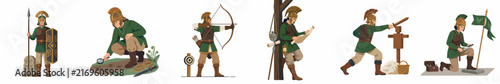 Set of six flat illustrations featuring a Roman legionary soldier performing different tasks including combat, training, and strategic planning.