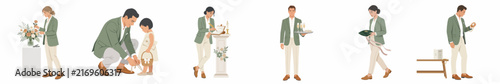 A set of flat vector illustrations of diverse people in elegant green and white formal wear performing various roles at a wedding celebration.