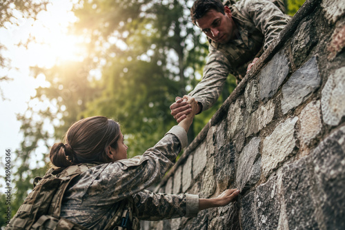 Tapety artystyczne Male soldier giving a helping hand to a female comrade climbing a stone wall in the forest. Military teamwork, support, and rescue mission concept during tactical training at sunset.