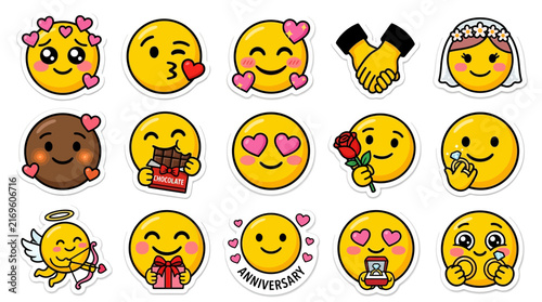 Collection of yellow facial expression stickers with romantic and celebratory themes