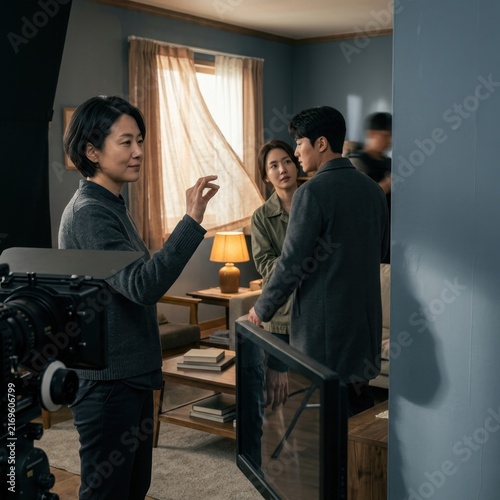 Director guiding actors on a film set in a Korean drama production setting